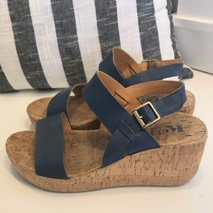 Kork-Ease Blue Leather Ankle Strap Wedge Sandal 9